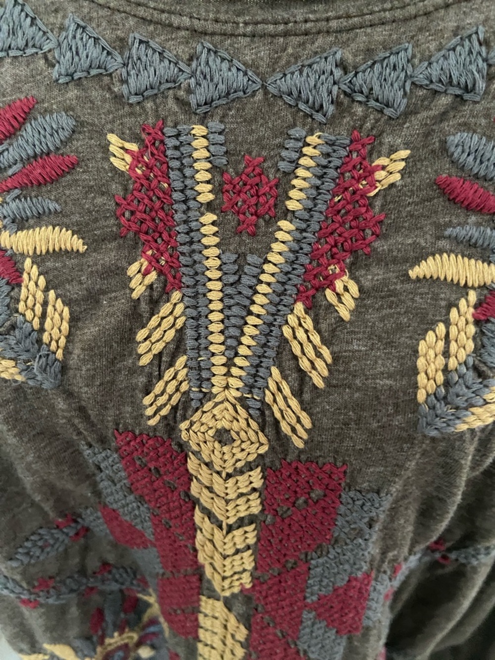 Johnny Was Embroidered Boho Long Sleeve Top in Olive ,Red &Gold Accents size M